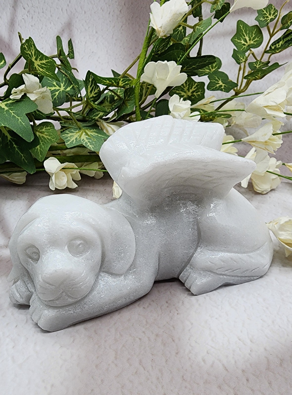 White Jade, Winged Angel Dog, Pet Memorial, Pet Loss Gift, Gemstone Carving