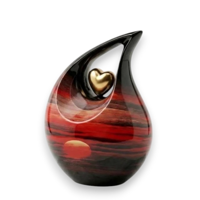 Red Sunset & Black Metal Teardrop Cremation Urn – 200 Cu In Ashes Men Women Urns