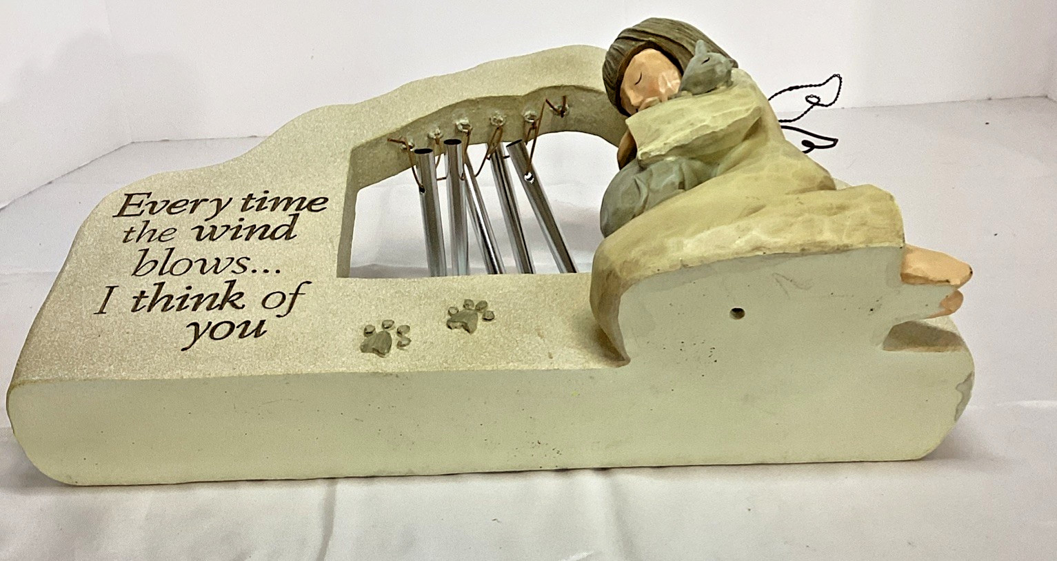 Pet Memorial Figurine Statue Angel Halo Wind Chimes Grave Stone Cat