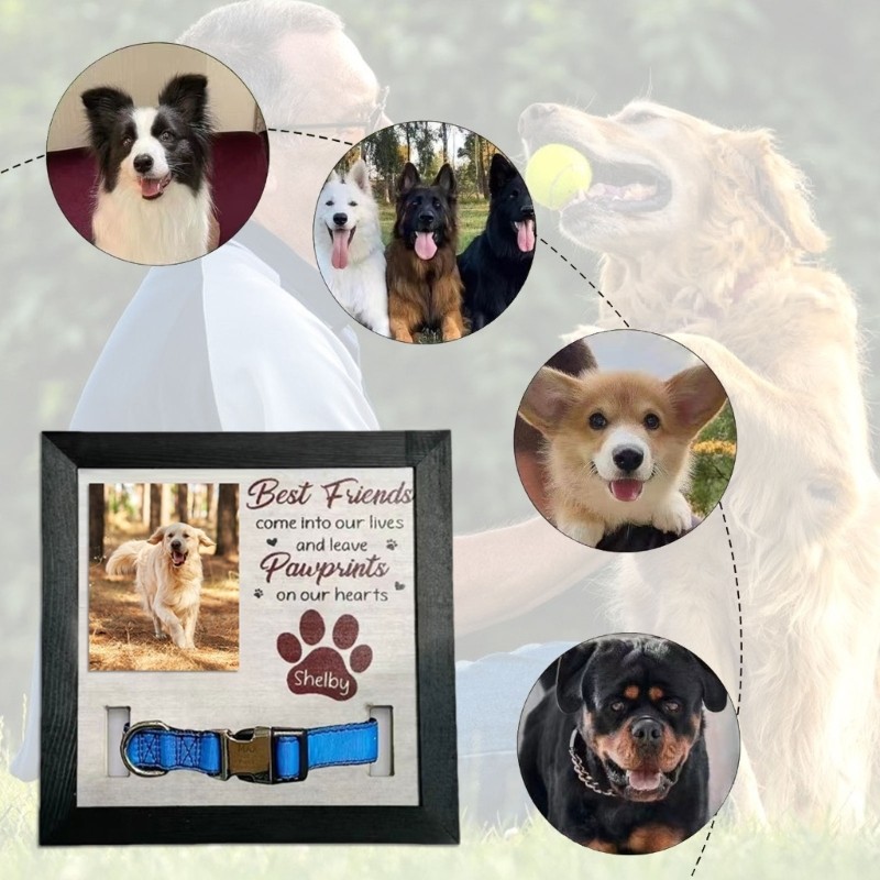 Pet Memorial Frame 9x9Inch for Dog Cats Photo Display with Collar Holder Gift
