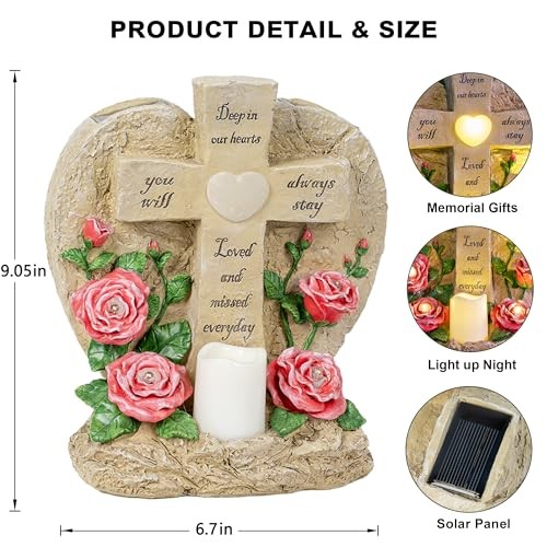 Memorial Garden Stone Cross with LED Lights – Sympathy Gift, Heart Rose Design