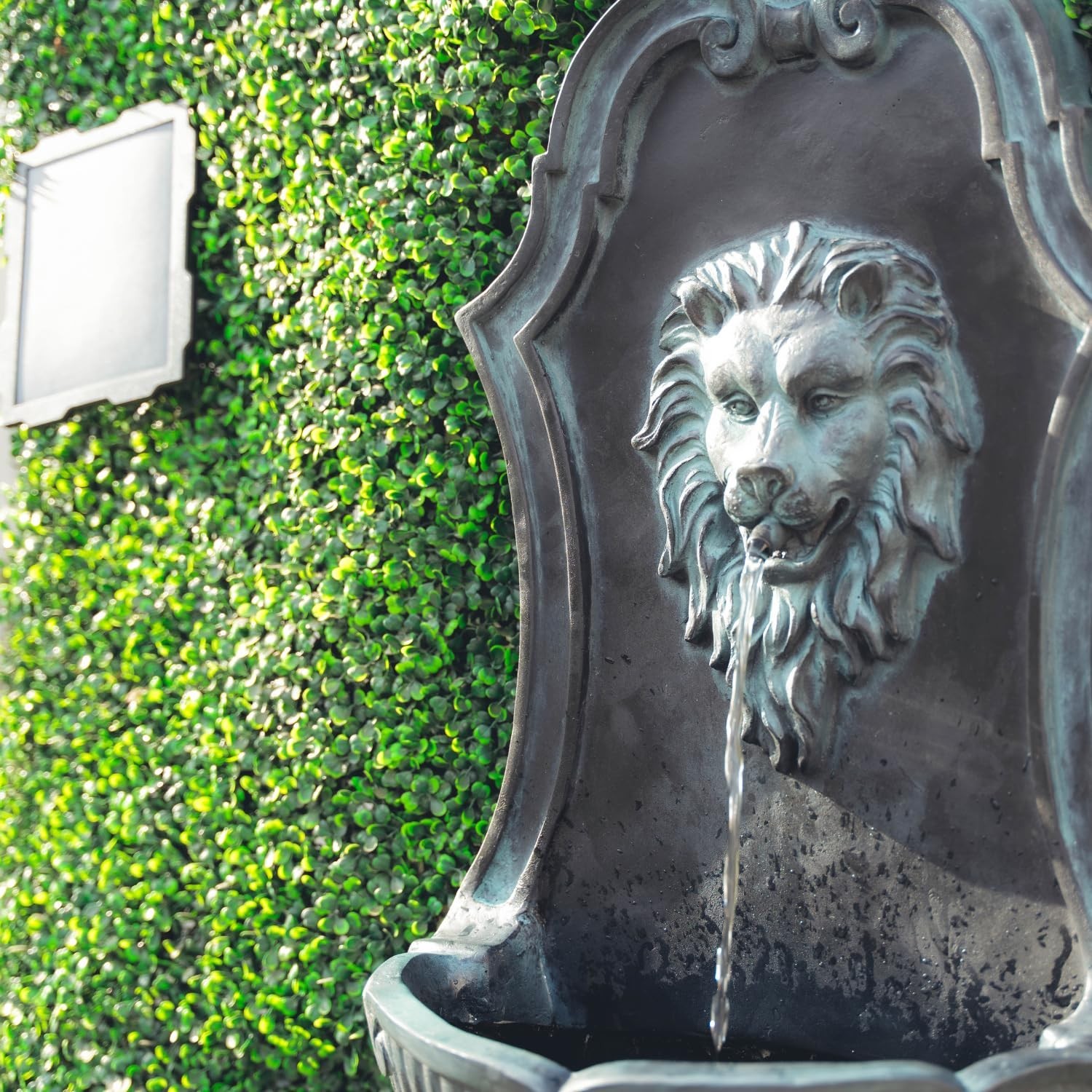 XBrand 30″ Solar-Powered Wall-Mounted Lion Head Fountain, Resin, Outdoor, Gray