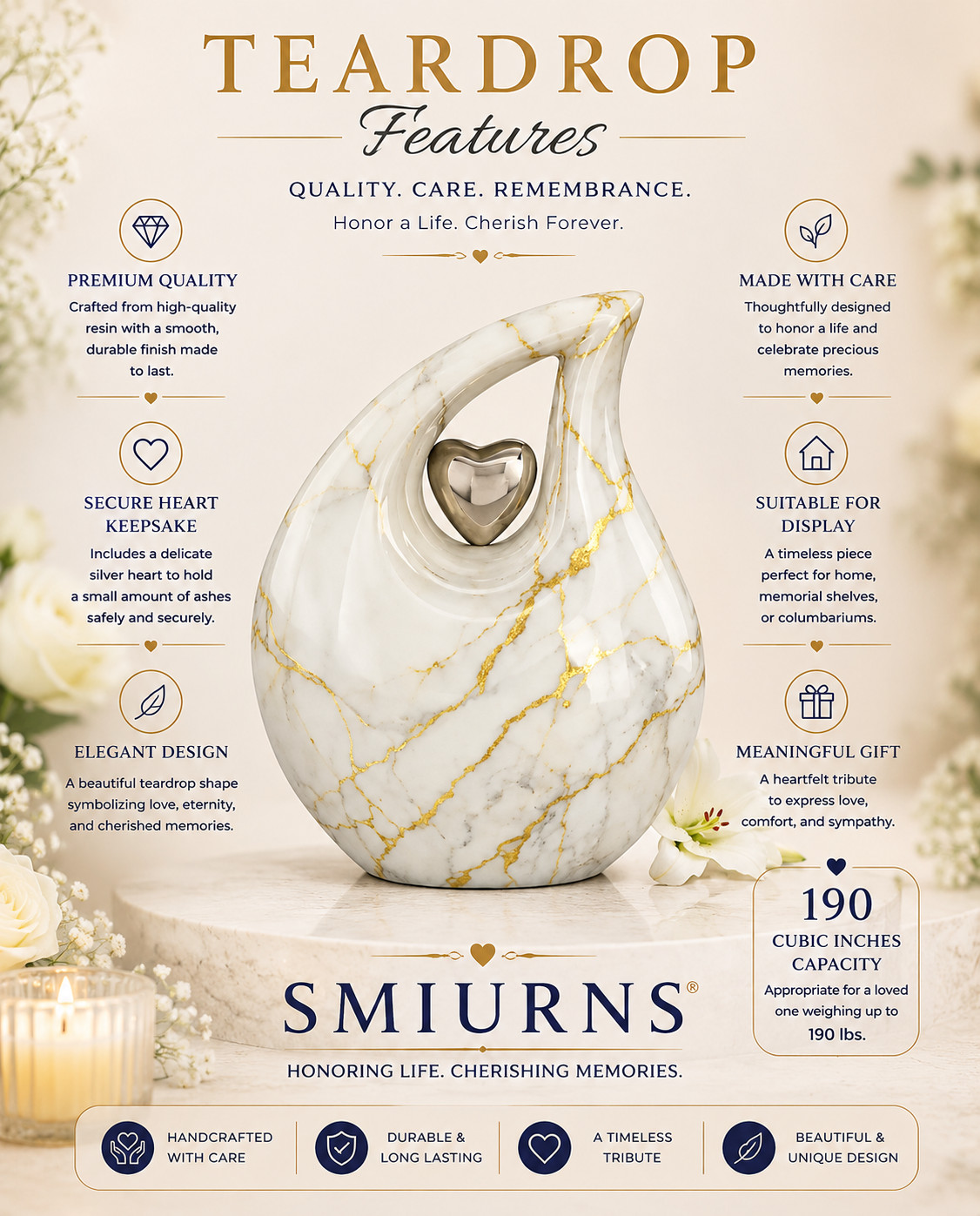 White Gold Marble Teardrop Cremation Urn Adult Human Ashes for Your Love Ones