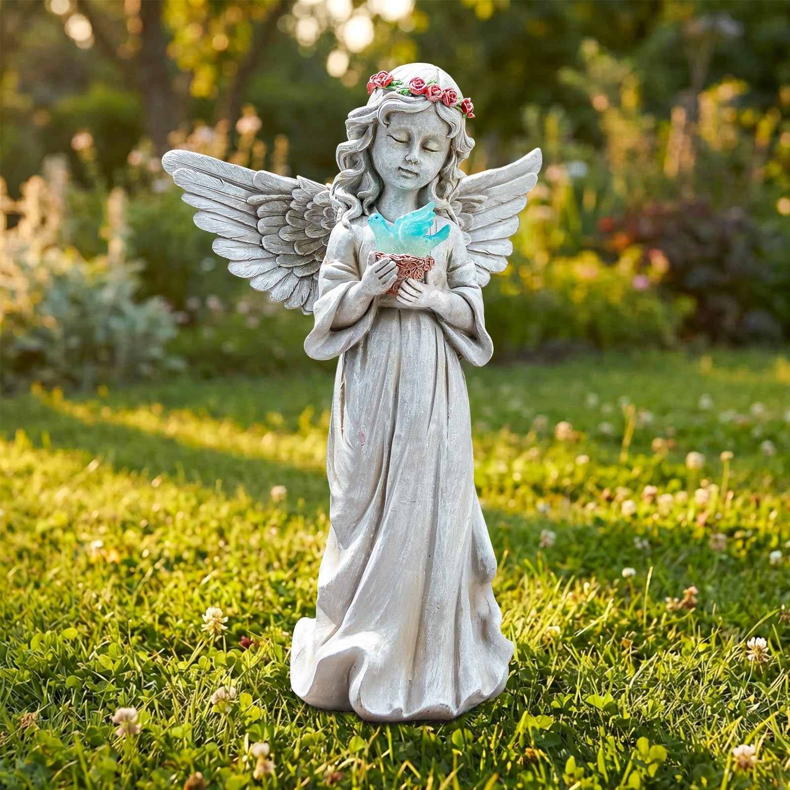 Angel Garden Statue Outdoor Decor, Angel Garden Figurine Hold Bird’s Nest wit…