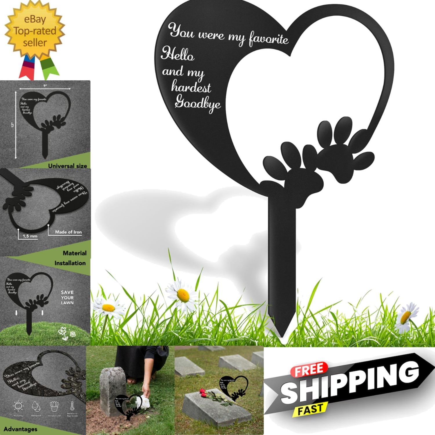 Pet Memorial Graves Markers, 9×12 Iron Dog and Cat Cemetery Headstones Decora…