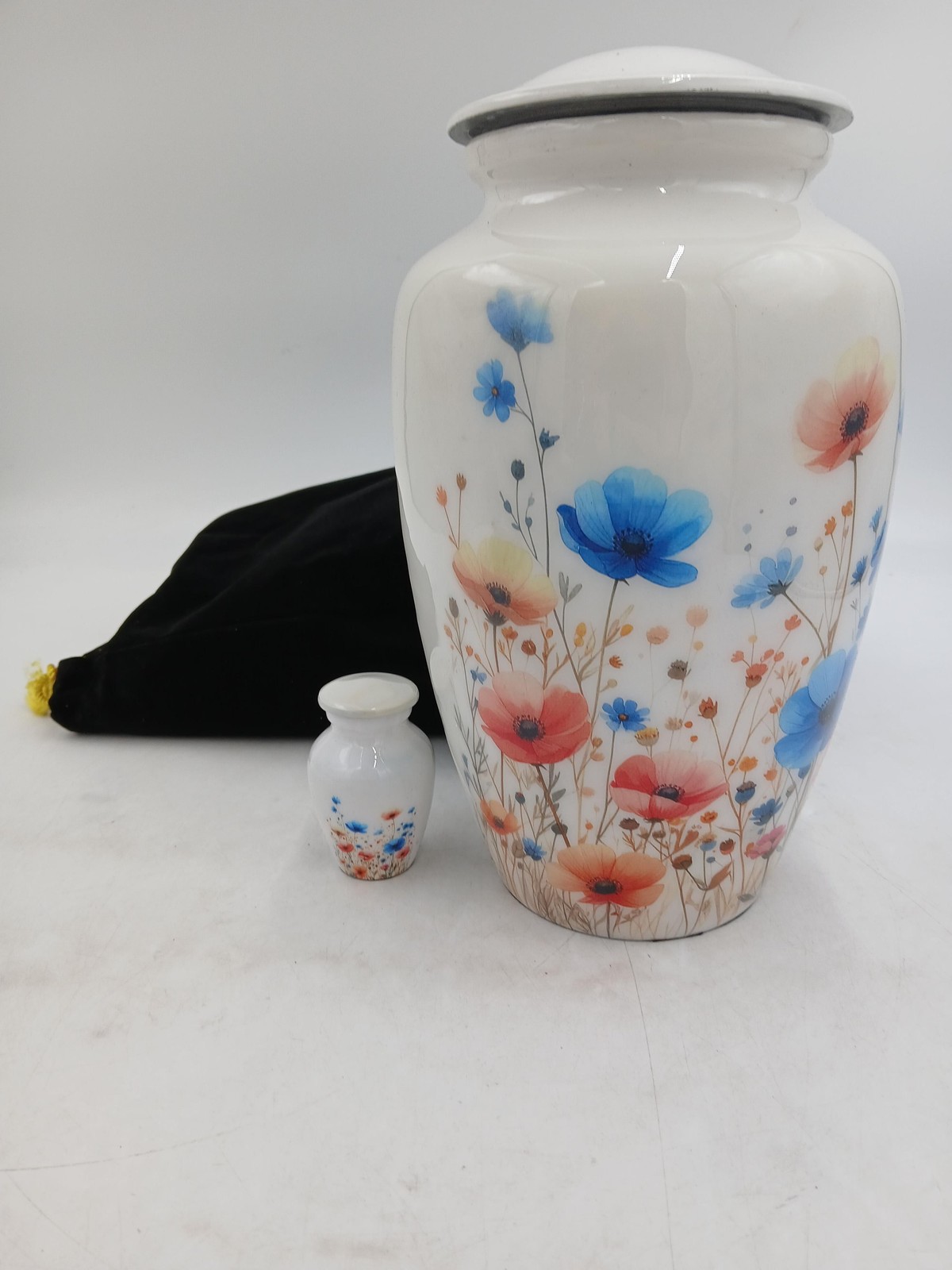 Floral Cremation Urn Set Large & Mini Keepsake White Colorful Flowers Bag