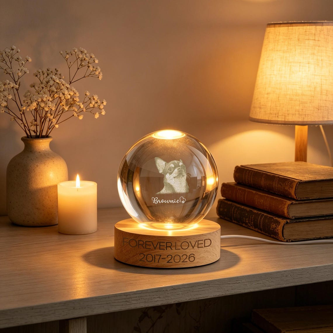 Custom Pet Memorial Crystal Ball Light Dog Photo Engraved Night Lamp Gift