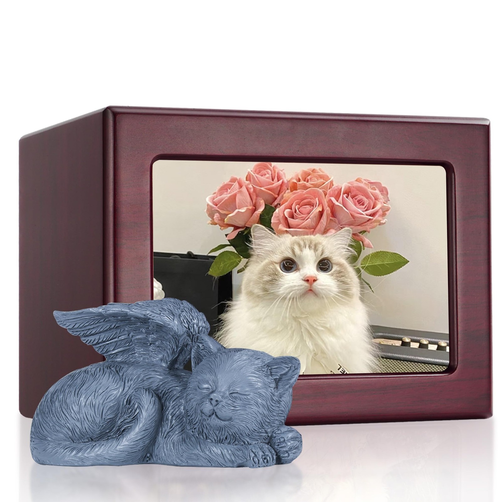 DiDiBirDi Cat Urn for Ashes, Wooden Keepsake Ashes with Photo Large, Red