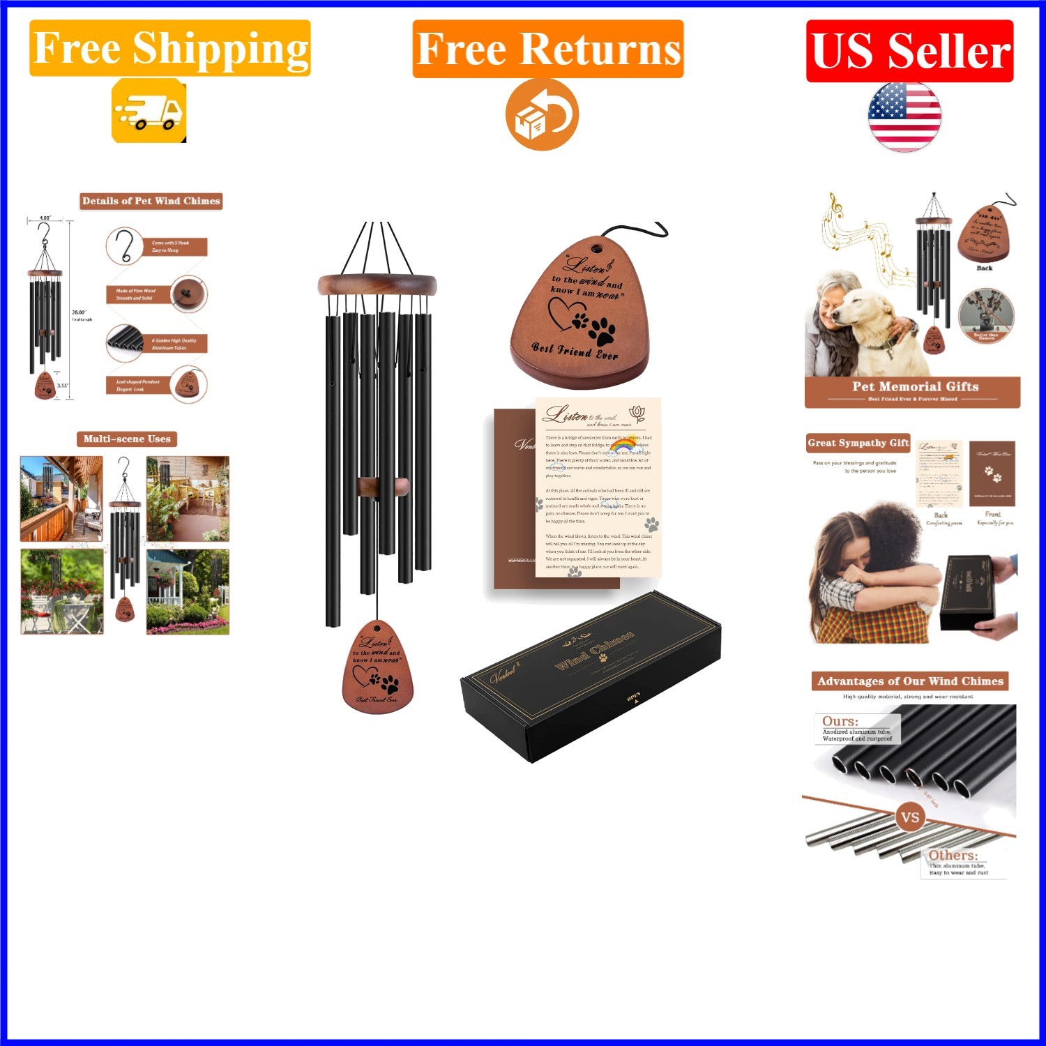 28″ Dog Pet Memorial Wind Chime Sympathy Gift Aluminum Decor