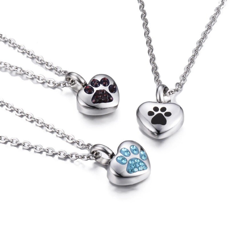 Tiny Pet Cremation Pendant Necklace Girls Ladies Crystal Paw Print Blue Purple