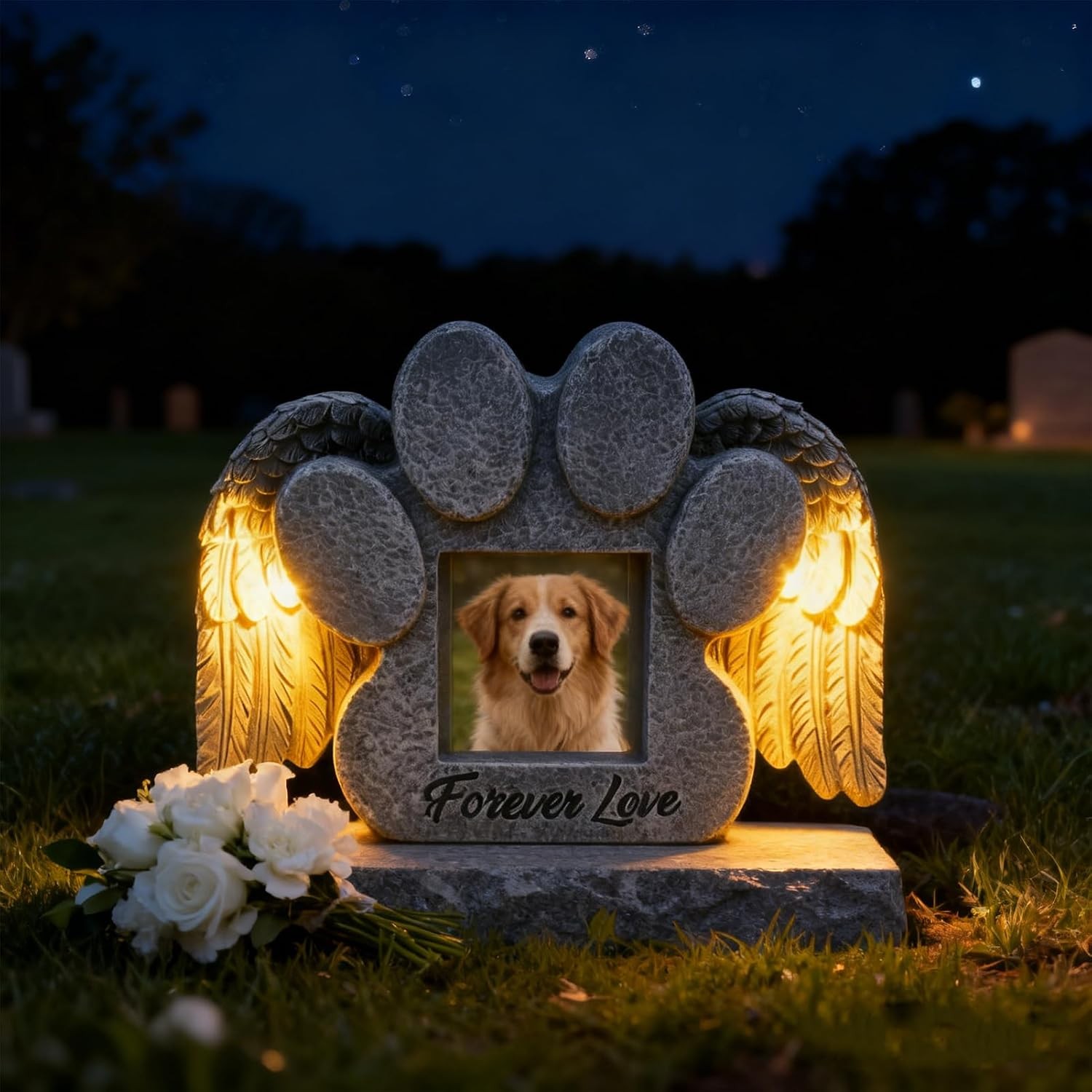 Pet Memorial Gifts Solar Powered Dog Memorial Stone Engraved Grave Marker for