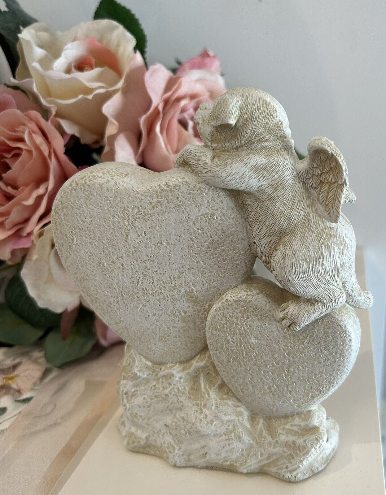 ~❤️~DOG MEMORIAL Plaque Sleeping Pet On Heart wings Angel Statue Figurine ❤️