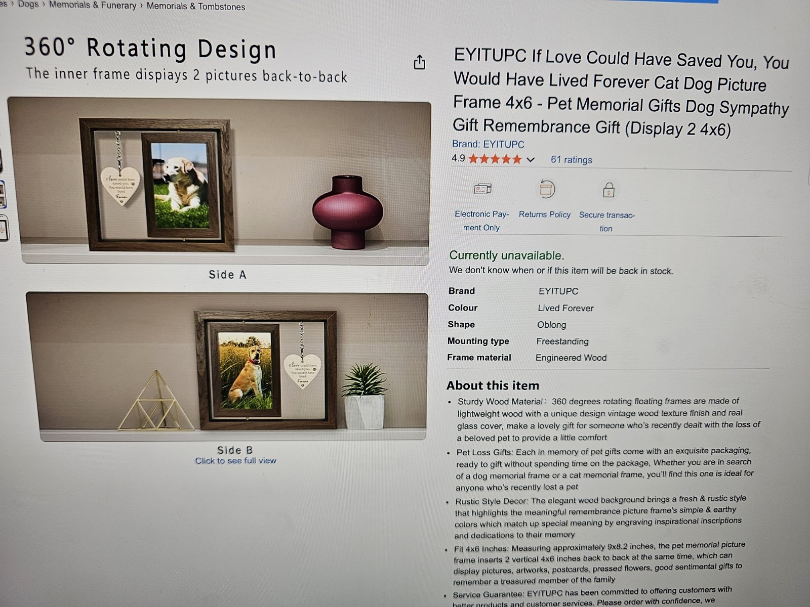 EYITUPC Pet Memorial Remembrance Gift Set 4×6 Rotating Picture Frame