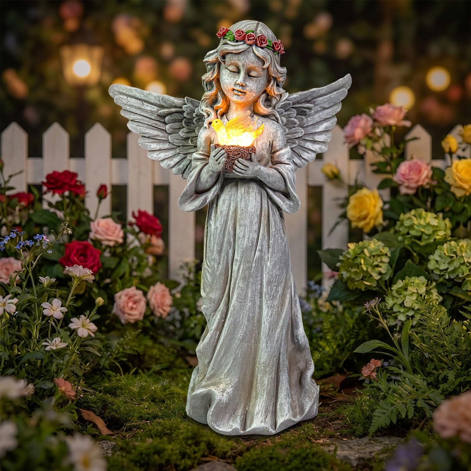 Angel Garden Statue Outdoor Decor, Angel Garden Figurine Hold Bird’s Nest wit…