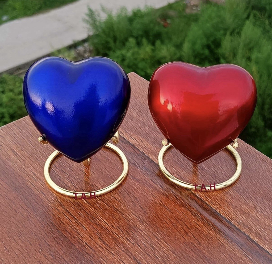 Set of 2 Red and Blue Heart Keepsake Mini Heart Cremation Urn with Brass Stand