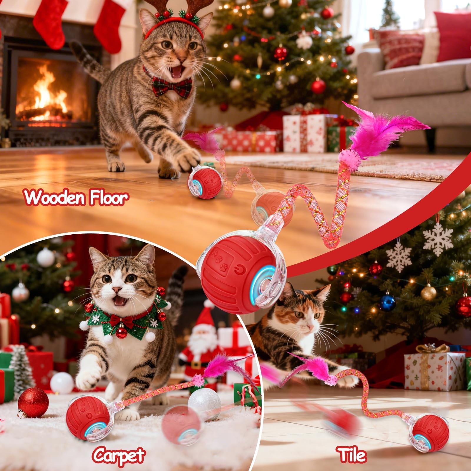 Interactive Cat Toy Ball – Christmas Cat Toy for Indoor Cats w/ Feather Tail