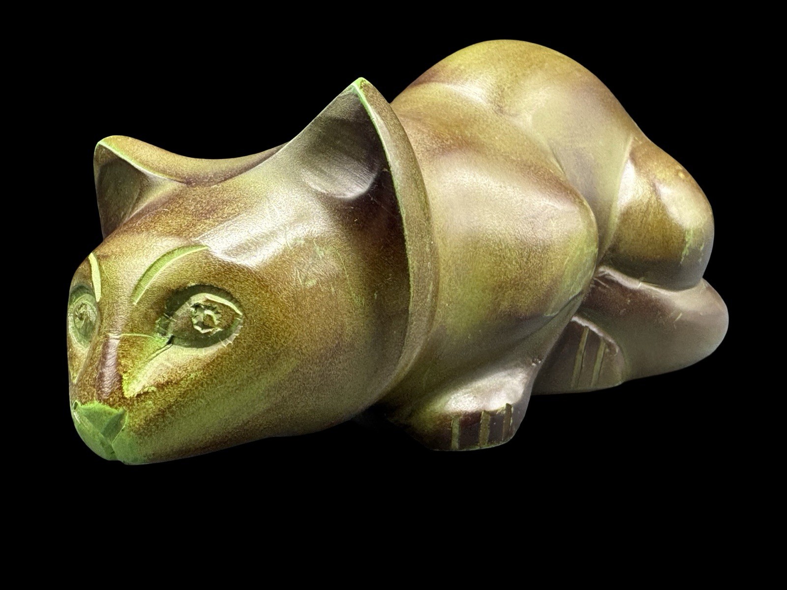 Vintage Cat Metal Urn Statue Display 9″ Green Yellow Patina