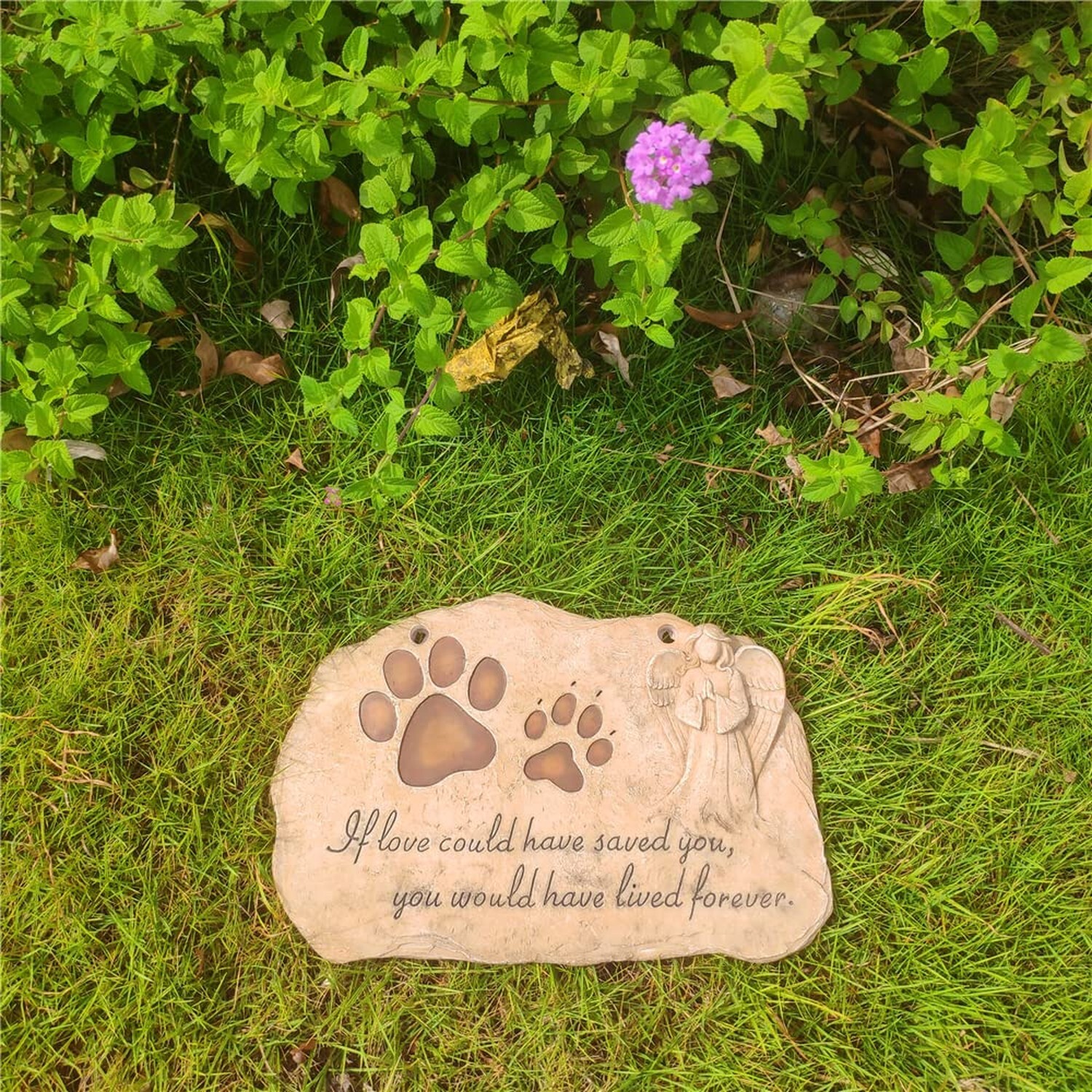 Paw Prints Pet Dog Cat Memorial Stones with Angel Statue Sympathy, 11”L x 7.5”W