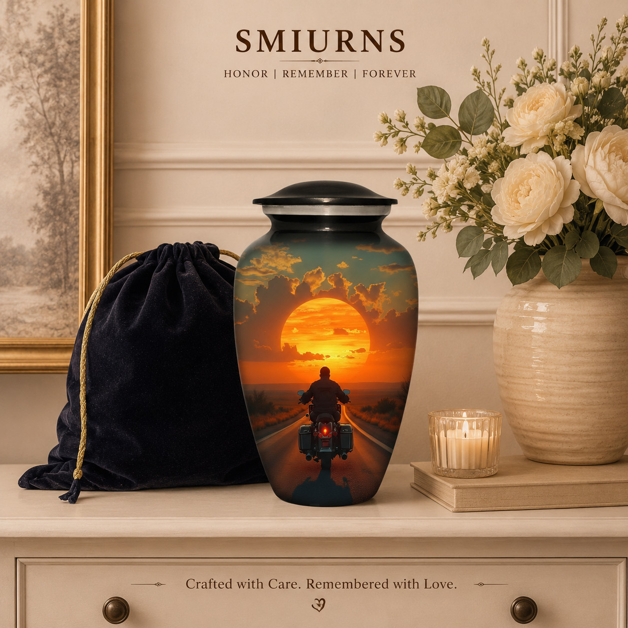 Large Cremation Urn for Human Ashes Adult Motorcycle Rider Sunset 190 Cubic In
