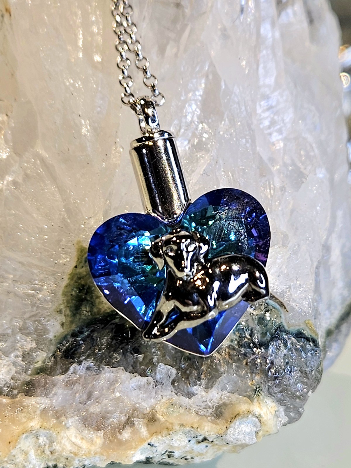 Sterling Silver Dog Cremation Urn Pendant Necklace – Blue/Purple Crystal Heart