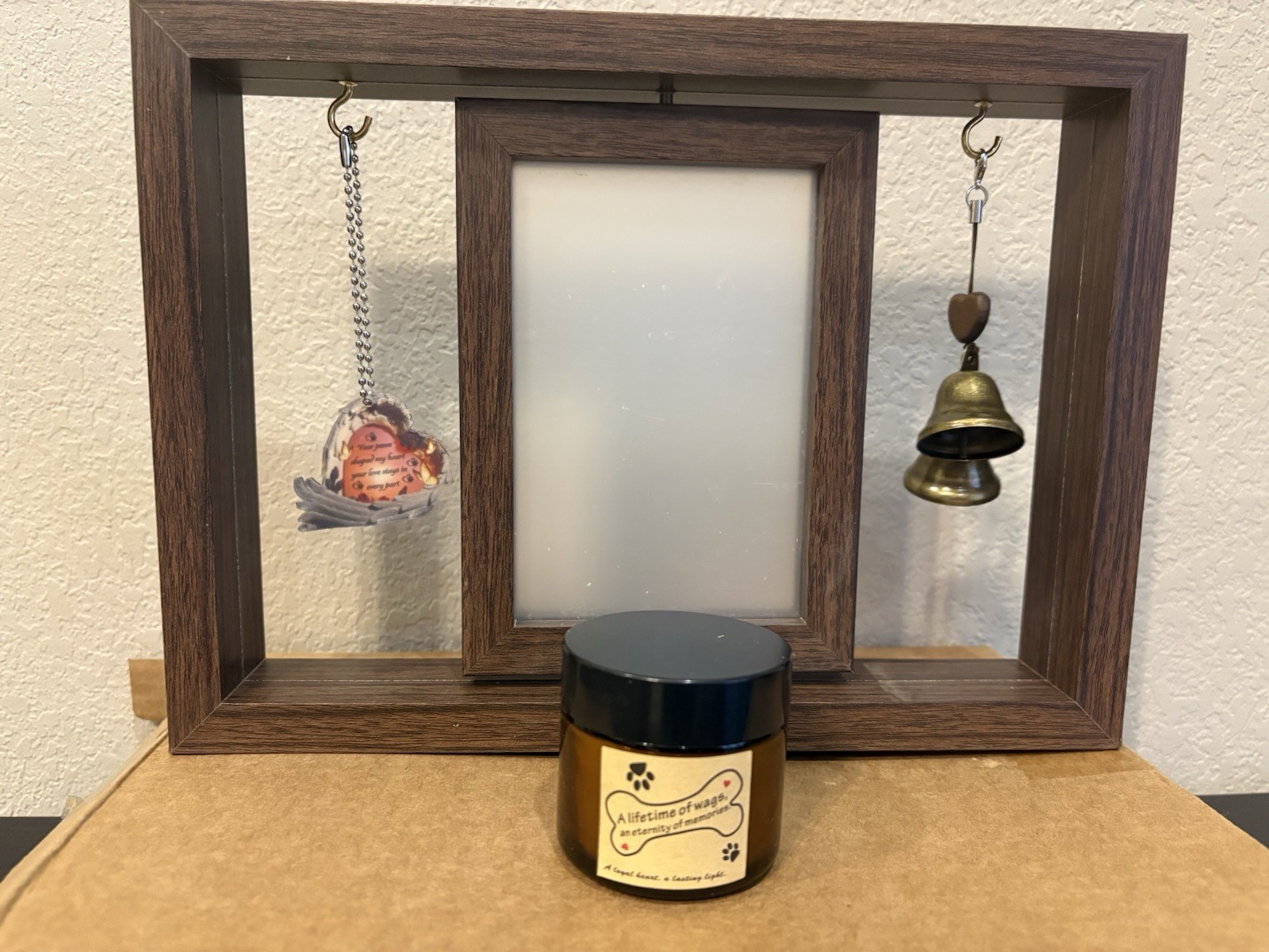 Pet Memorial Tabletop Floating/Swivel Frame With Candle, Bell, Charm 11” X 8”