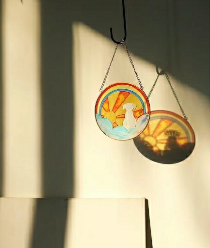 Memorial Gift for Loss of Dog, Stained Glass Round Rainbow Bridge Dog Sympathy