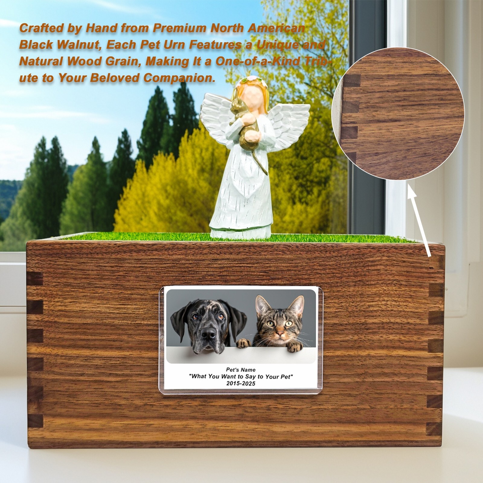 Cat Pet Memorial Urn Black Walnut Material With Photo Frame And Angel Sculpture