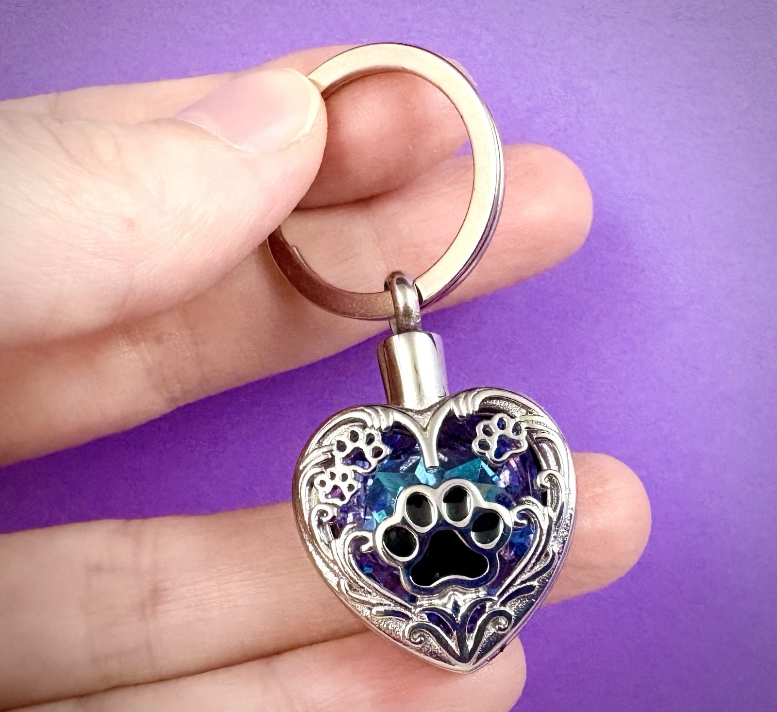 Paw Print Cremation Pendant Urn Keychain 1″ Key Ring for Ash Dog Cat Pet Purple