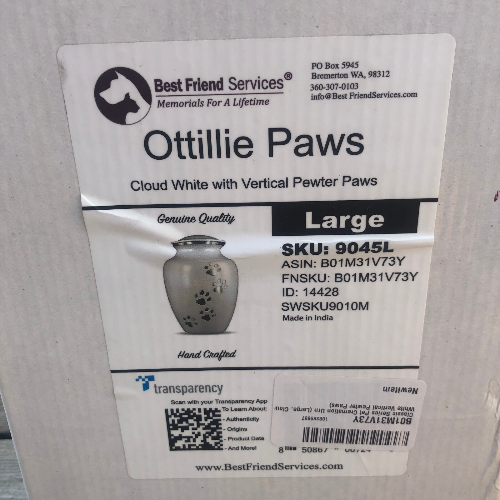 Pet Urn Ottillie Paws 9045L Large Memorial Dog Cat, Cloud White w/Pewter Paws