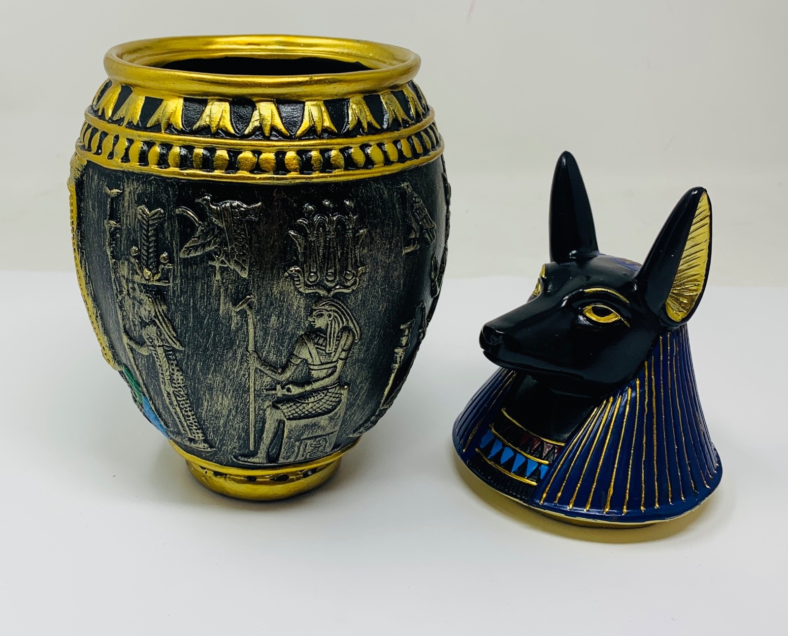 Egyptian Jar 9″ Dark Blue Anubis Memorial Pet Dog Urn Quality Resin–Chip Damage