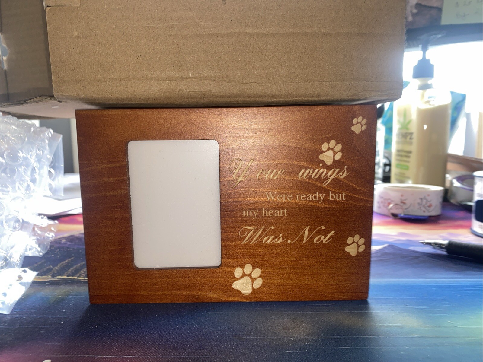 Photo Pet Brown Urn for Dogs Cats Ashes Memorial Pine Medium- Lock Sliding Top