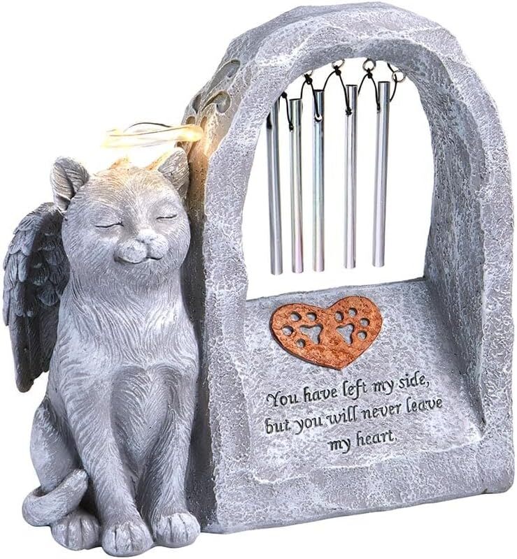 Solar Pet Memorial Figurine Statue Angel Halo Wind Chimes Grave Stone Cat or Dog