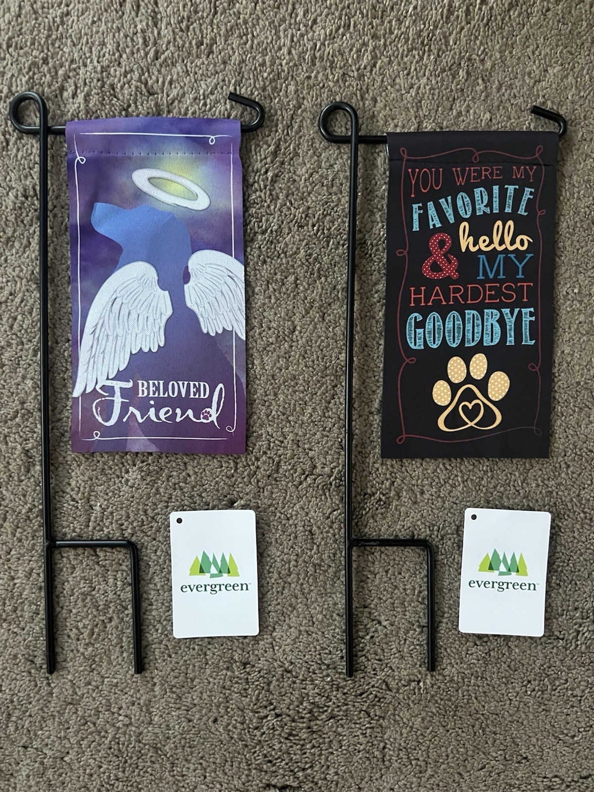 2 Different 8 in x 4 in Pet Remembrance Grave Marker Memorial Flags w/Stands NEW