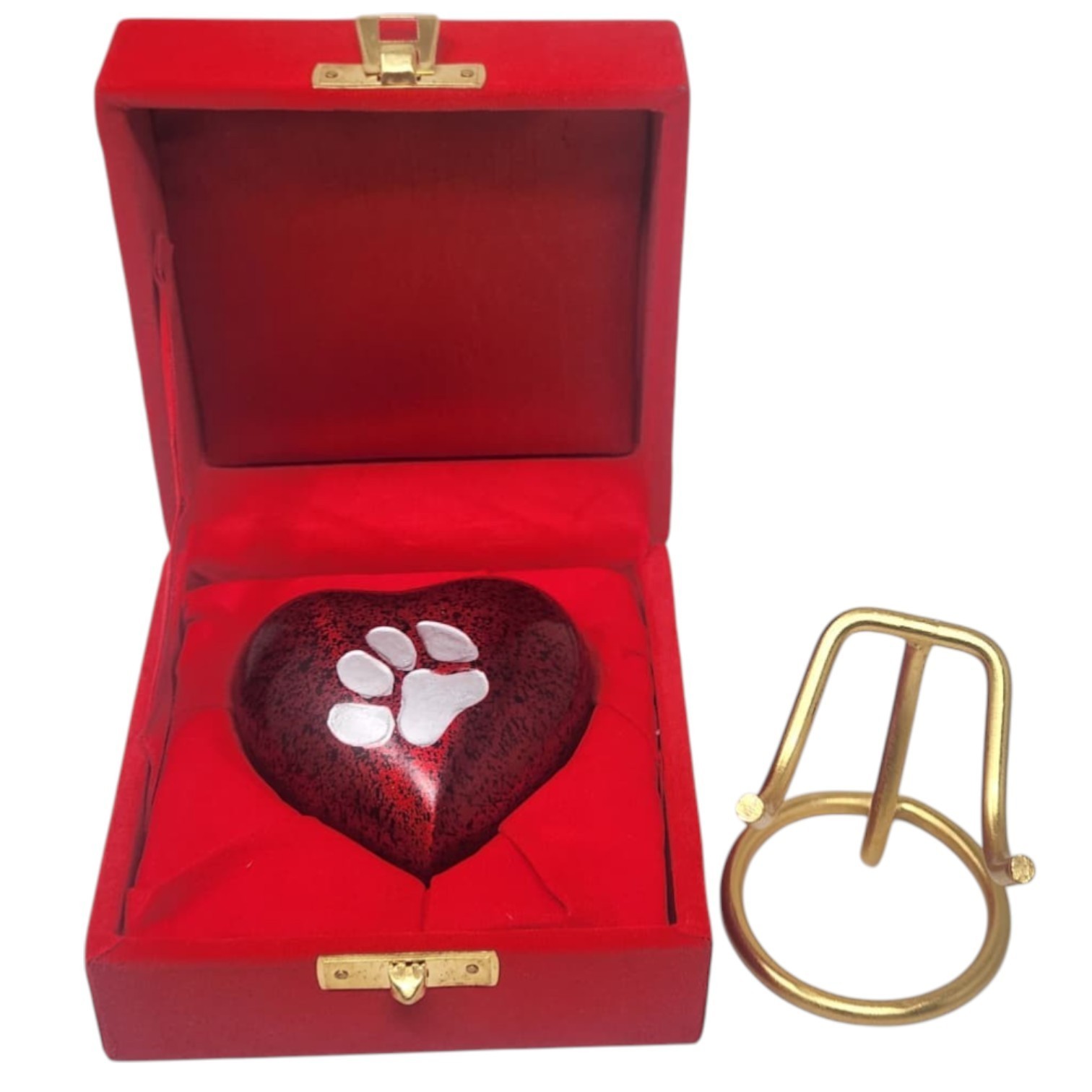 Red Heart Pet Cremation Urn for Dog or Cat Ashes with Paw Print Stand & Box