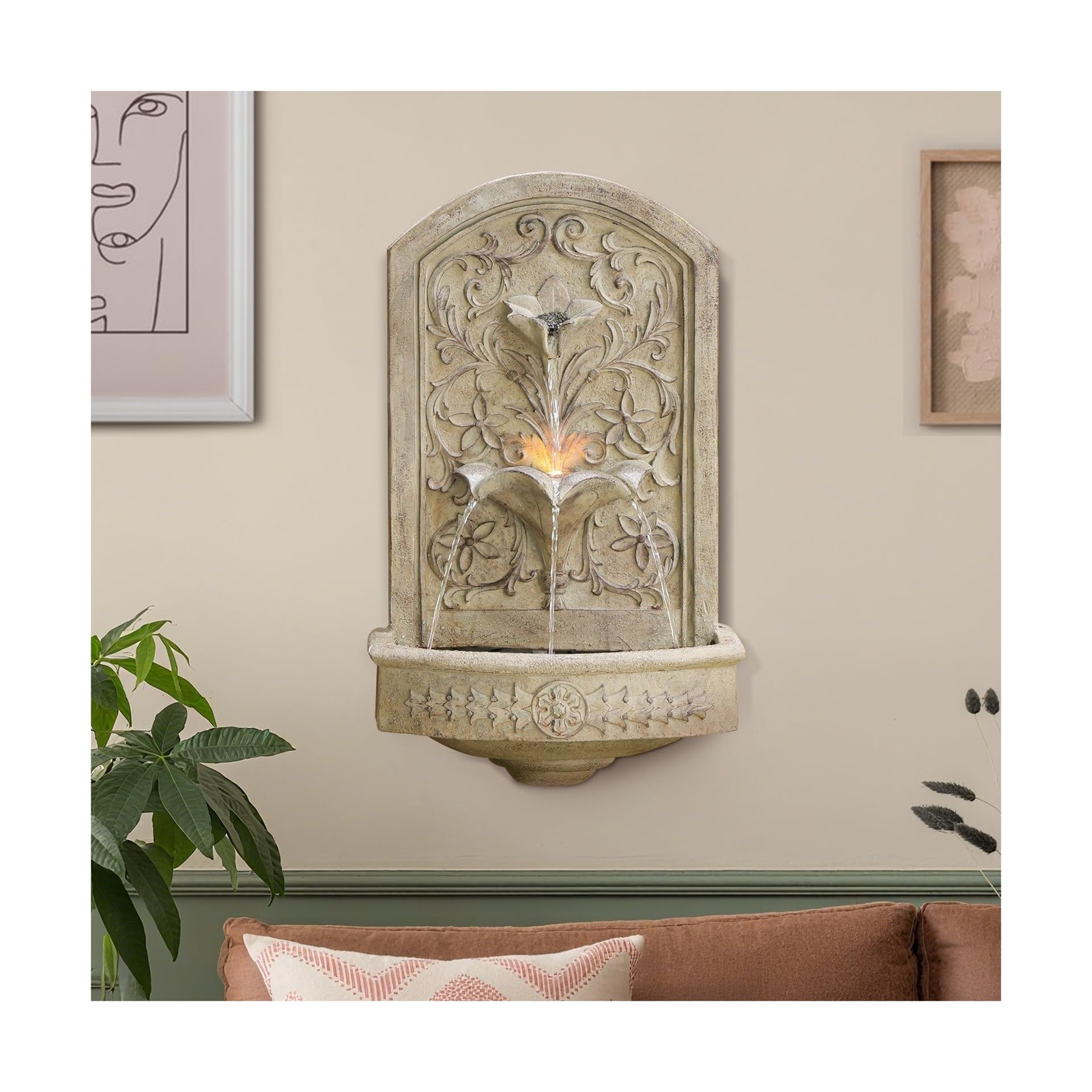 Vintage Wall-Mounted Outdoor Fountain, 28.3″ H Resin Garden Water Feature wit…