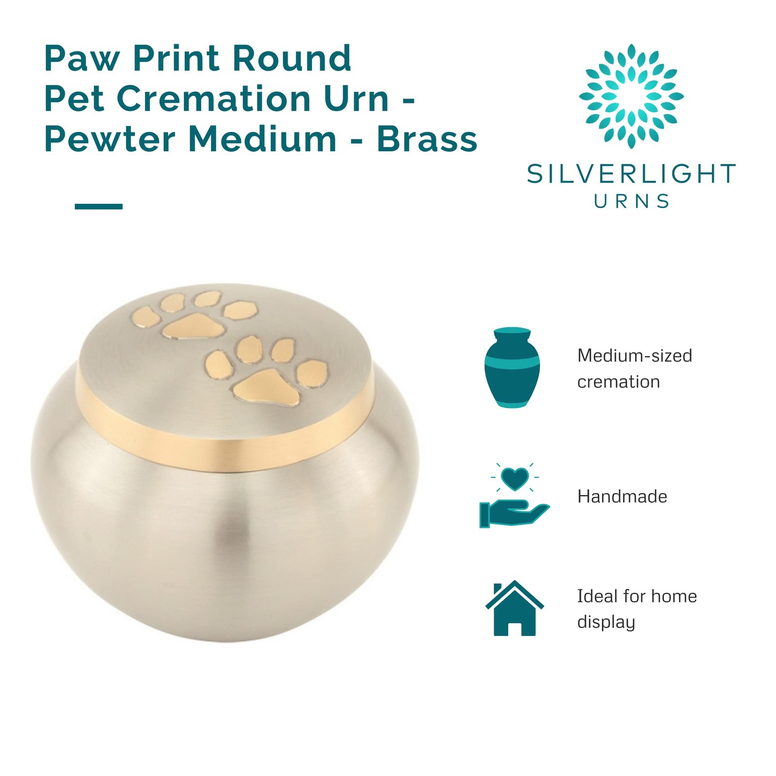 Silverlight Urns Paw Print Round Pet Cremation Urn For Ashes In Pewter – Medium