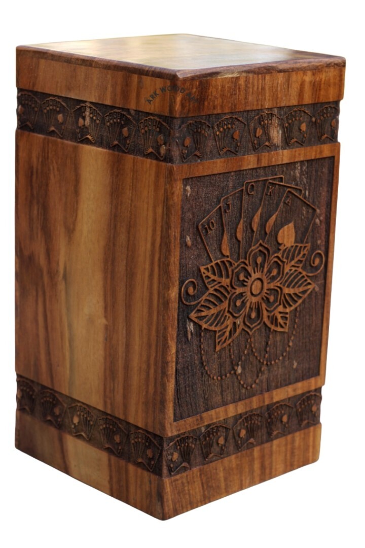 Vintage Conjure playing cards with lotus flower Wooden box for Human Ashes Male