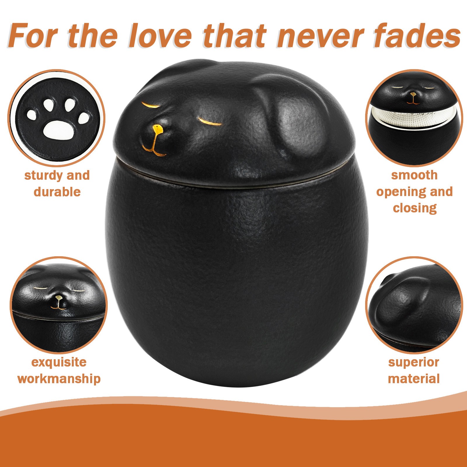 Smiley Dog Shaped Black Pet Urn 3.2×2.9 inch for Small Dog And Cat Ashes