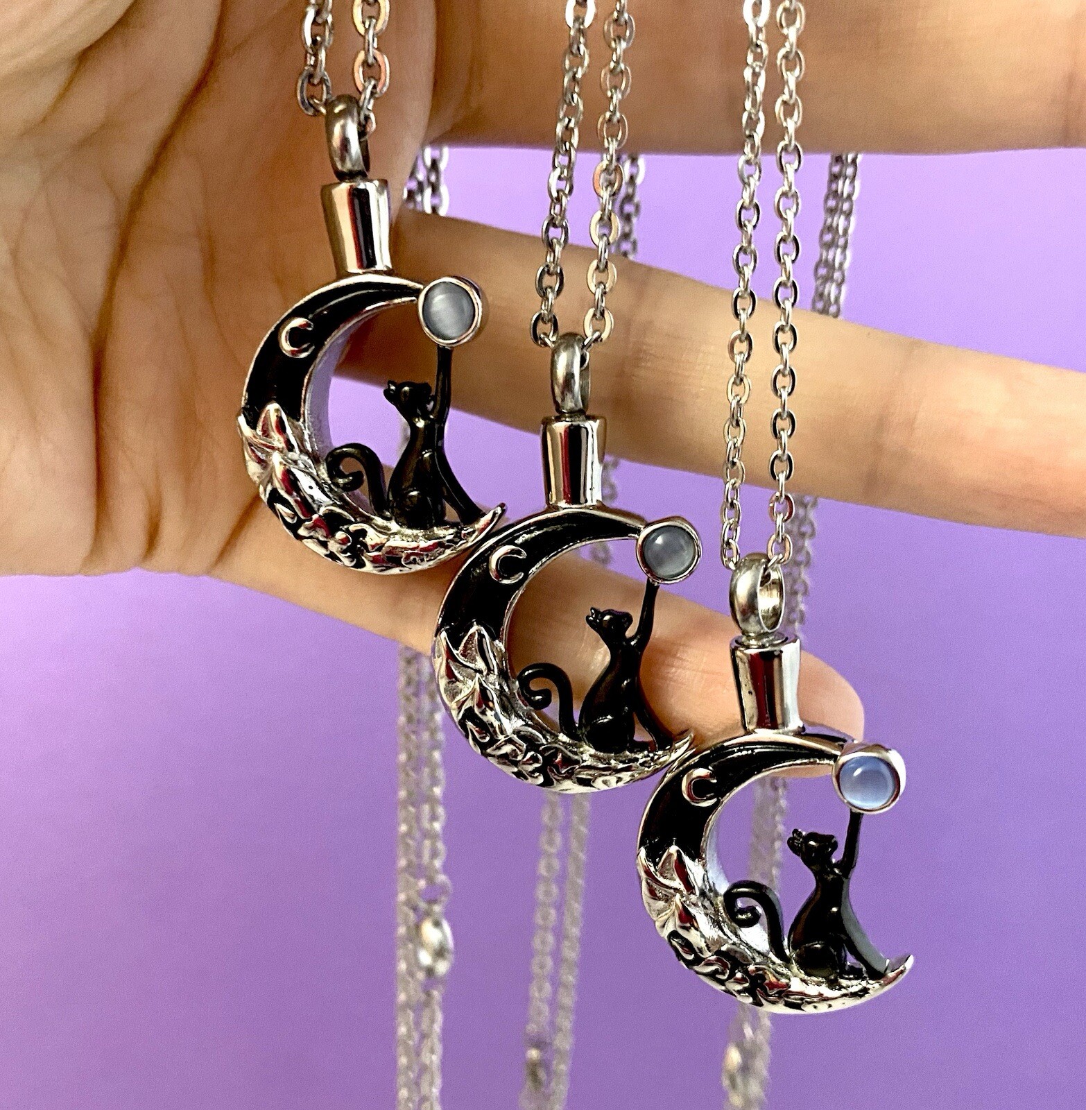 Black Cat Moon Stone Cremation Necklace Holds Ashes Urn Pendant Jewelry Gift Lov