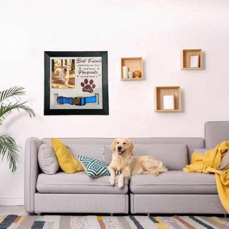 Pet Memorial Frame 9x9Inch for Dog Cats Photo Display with Collar Holder Gift
