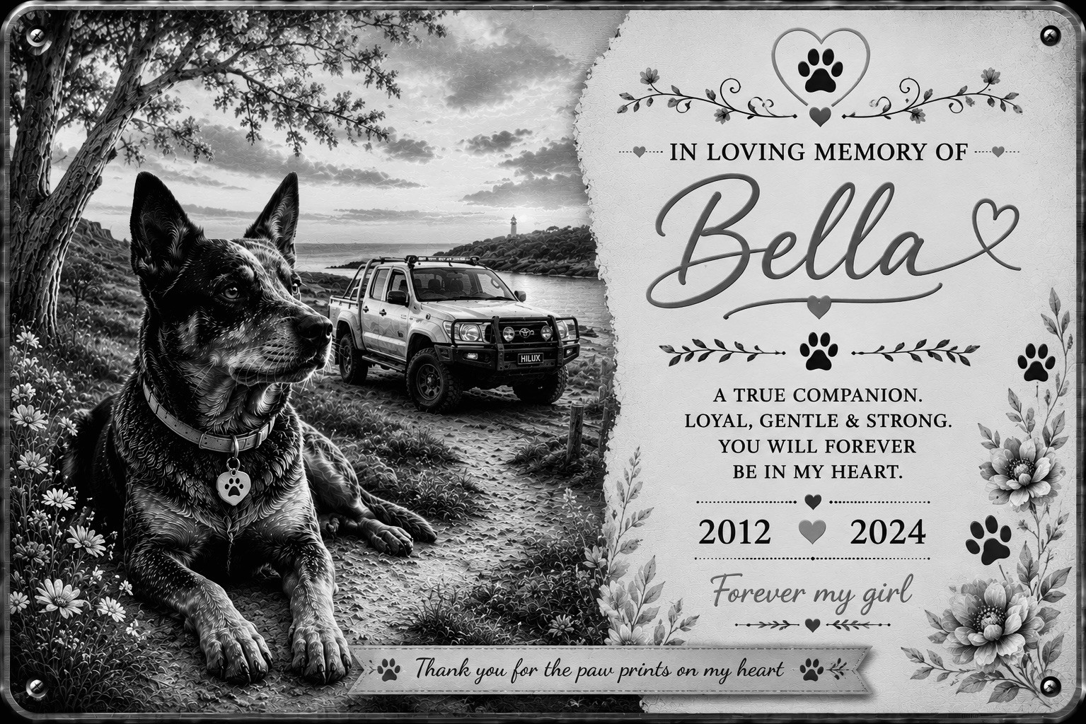 Personalised Pet Memorial Plaque Custom Photo Engraved Aluminium Dog & Ute Hilux