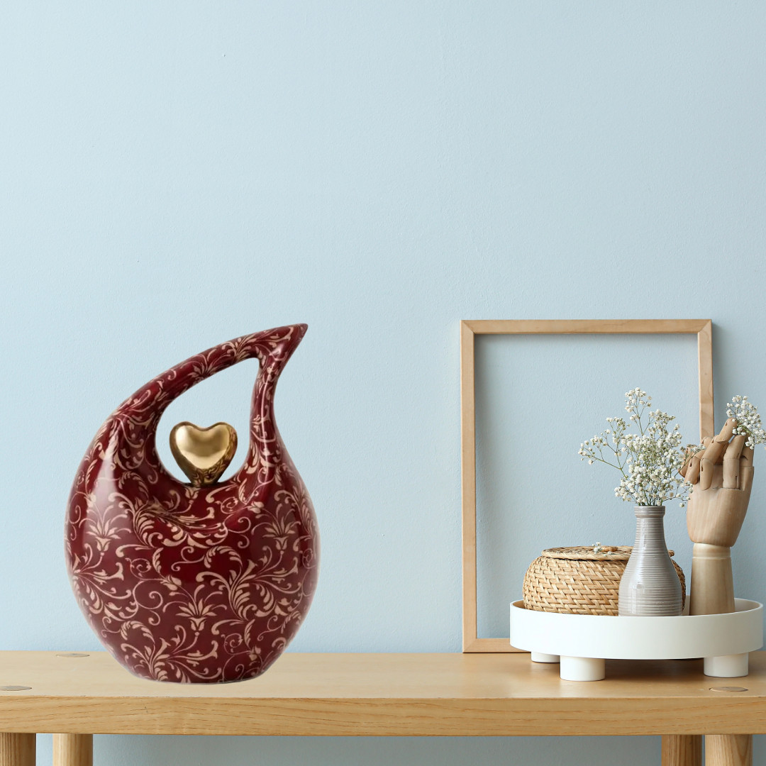 Large Maroon Floral Teardrop Cremation Urn for Human Ashes – 10″ Adult Memorial
