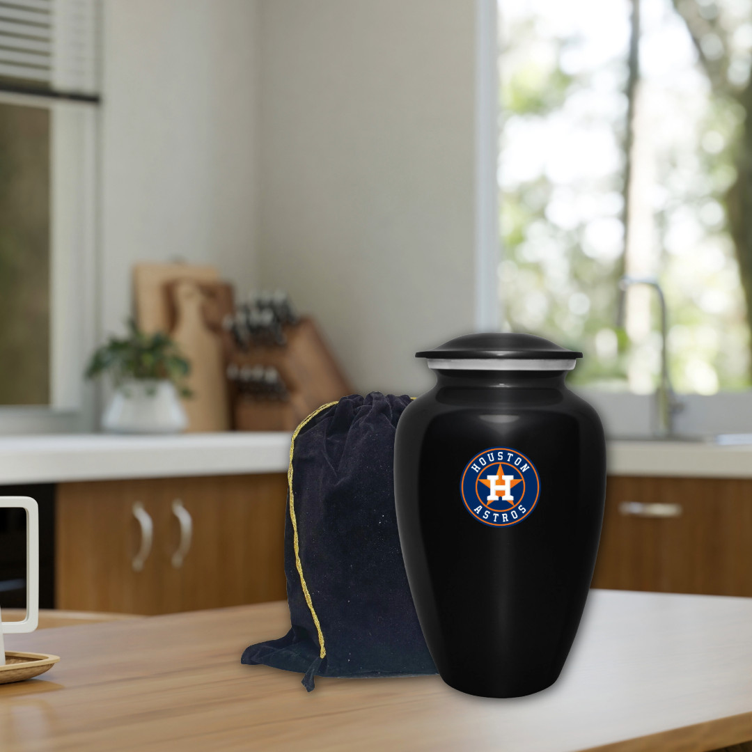 Large Houston Astros Baseball Theme Cremation Black Urn Adult Human Ashes w/Bag