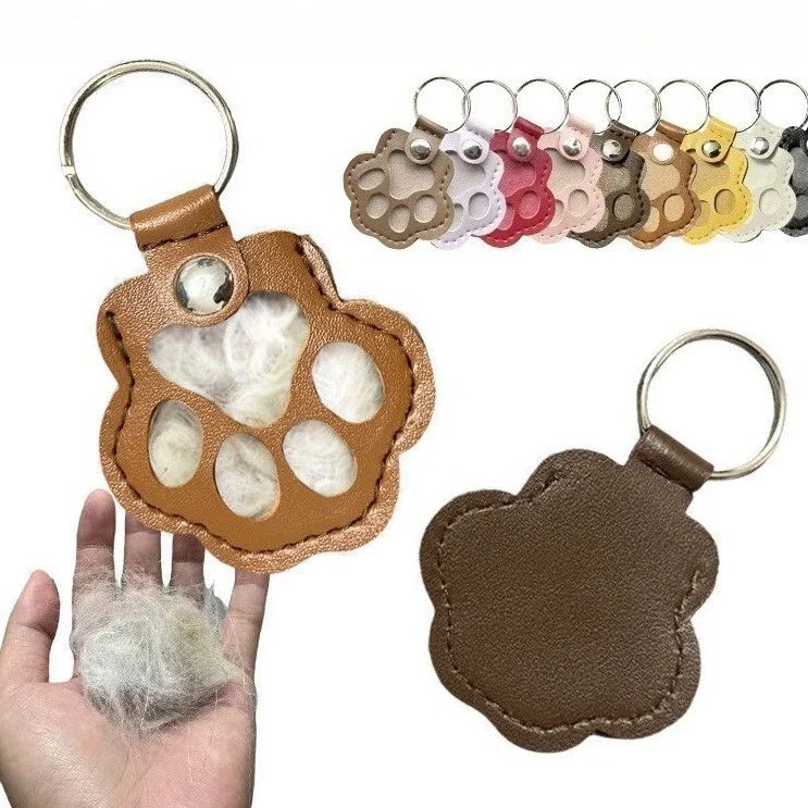 Pets Hair Memorial Keepsake Keychain PU Leather Dog Cat Storage Pouch Bag Charm