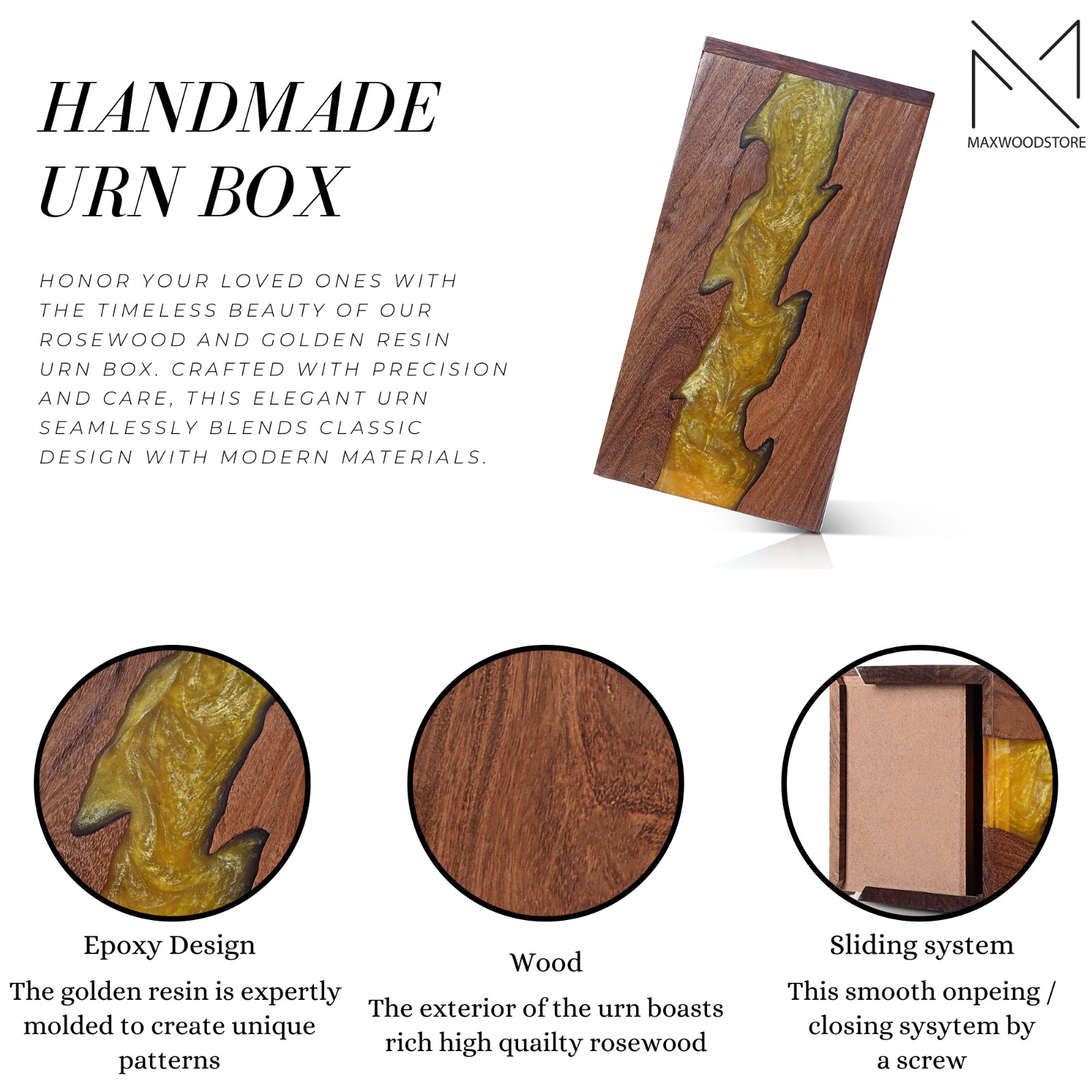 Wooden Urn Box-Urn Box-Rosewood and Golden Resin Design Urn Box For Human Ashes