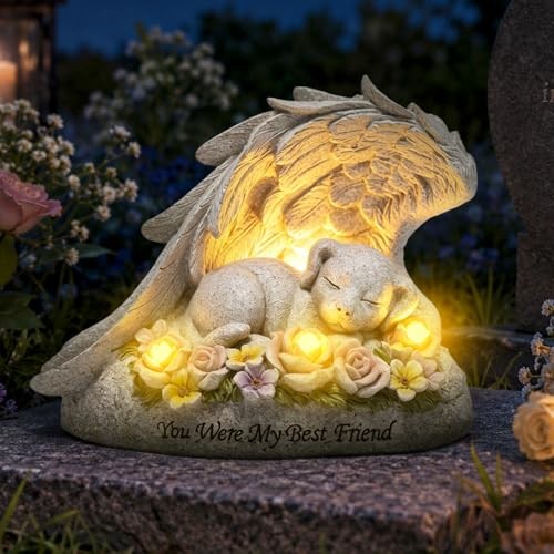 Solar Pet Memorial Garden Statue, Resin Dog Memorial Dog in Angel Wing