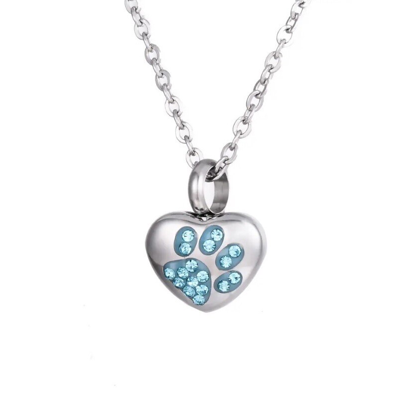 Tiny Pet Cremation Pendant Necklace Girls Ladies Crystal Paw Print Blue Purple