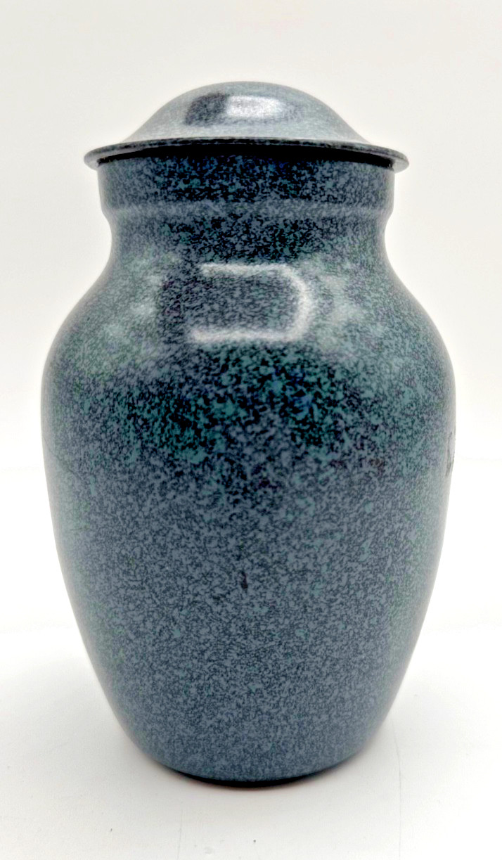 Brass Ashes Urn 6.5″ Speckled Blue Metal Screw on Lid Medium Size Great for Pets