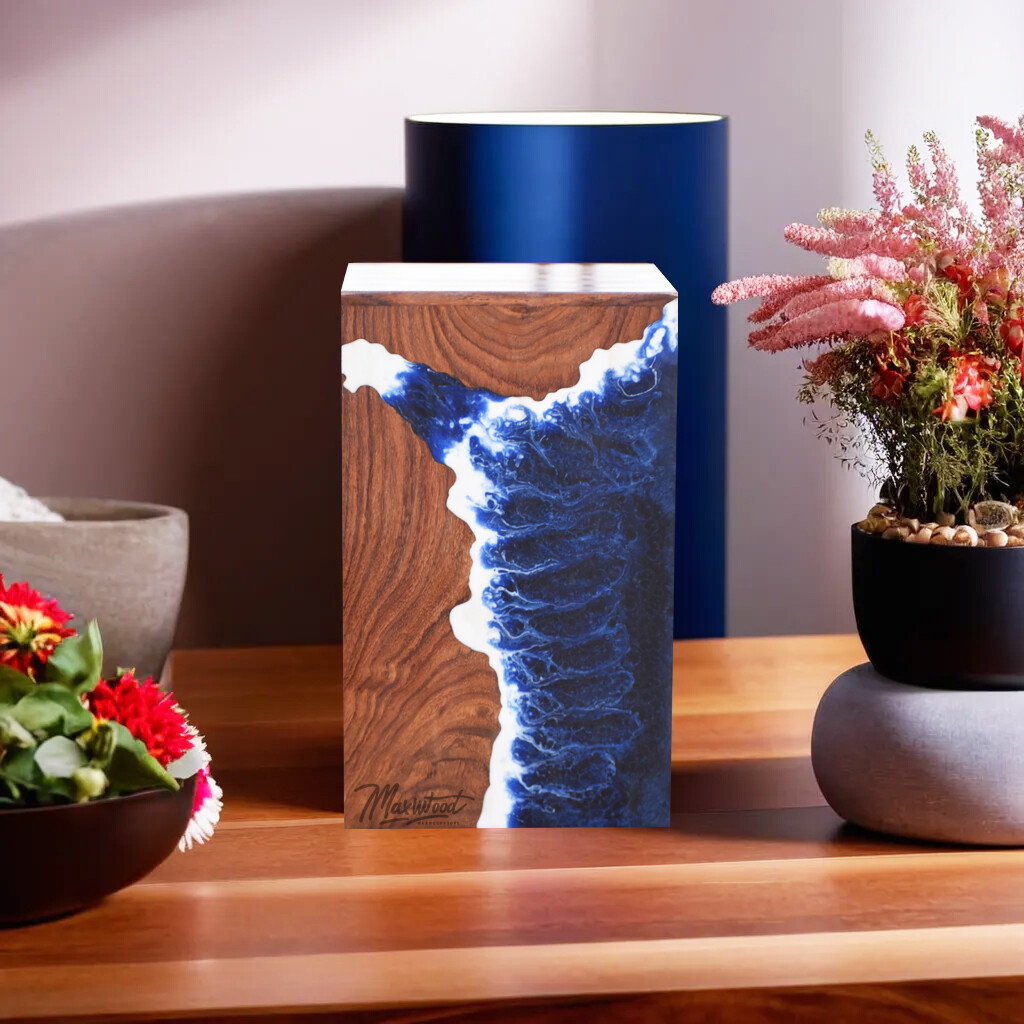 Handcrafted Rosewood and Resin Ocean Wave Design Memorial Urn Box For Ashes