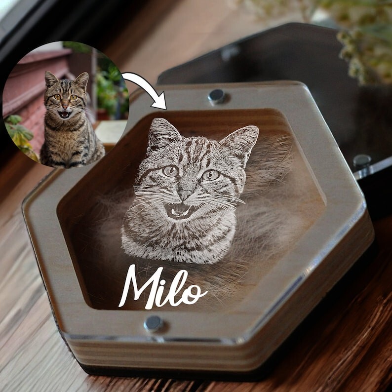 Custom Pet Loss Gifts, Cat Fur Memorial Box, Personalized Dog Portrait Gift